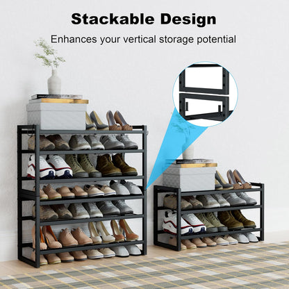 CHEMPFR Expandable & Stackable Metal Shoe Rack, Heavy-Duty Adjustable Shoe Organizer with Mesh Shelves, Freestanding Shoe Storage for Entryway Closet Garage (Black 3-Tier)