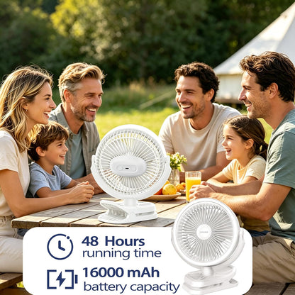Clip on Fan 16000mAh: Portable Rechargeable Clamp Fan for Stroller Bed Camping Tent Golf Cart - Quiet Battery Operated with 3 Speed Strong Airflow LED Light Hook for Office Desk Outdoor (Black)