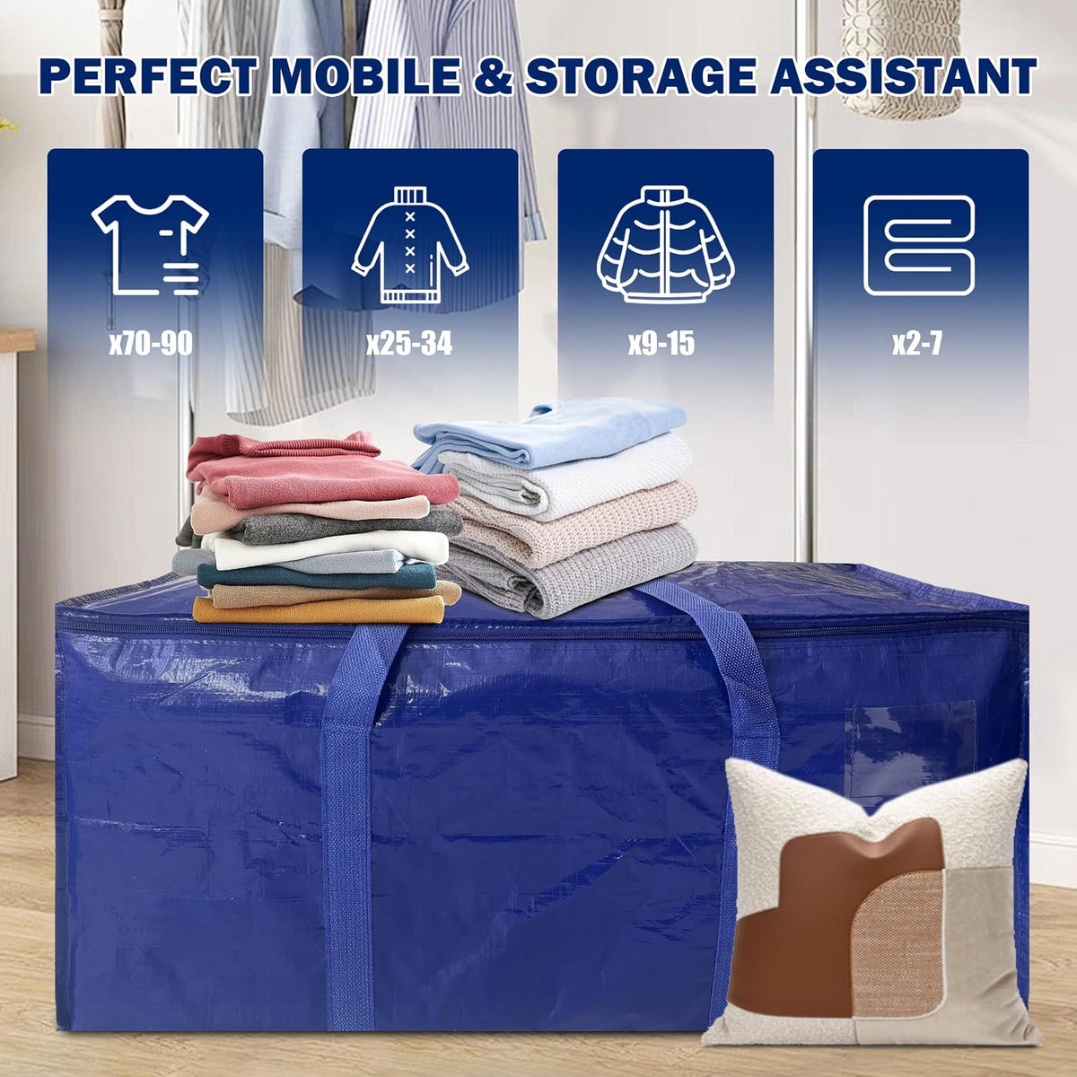 8 Pack Extra Heavy Duty Large Moving Bags with Strong Zipper & Carrying Handles, Sturdy Clothes Storage Bags Totes Bins, Packing Bag Move Boxes College Moving Supplies, Dark Blue - 24 gal