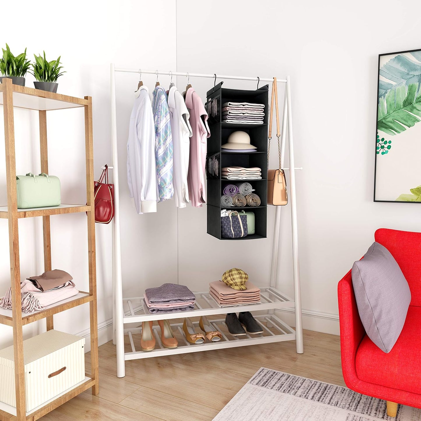 MAX Houser 4-Shelf Hanging Closet Organizer, Space Saver, Cloth Hanging Shelves with 2 Side Pockets, Foldable (Beige)