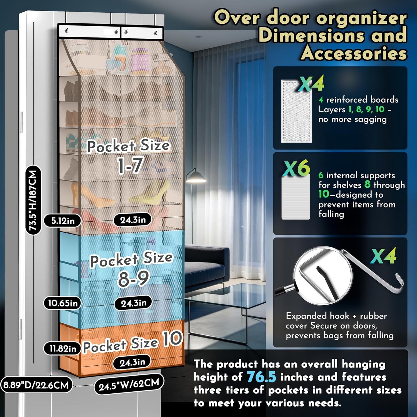 PAULONE 10-Pocket Multi-Use Over the Door Organizer, Heavy Duty 95lbs Capacity with Breathable Mesh, Versatile Hanging Storage for Shoes, Toys, Office Supplies-Classic (Black, 10-Shelf,)