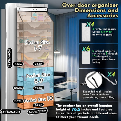 PAULONE 10-Pocket Multi-Use Over the Door Organizer, Heavy Duty 95lbs Capacity with Breathable Mesh, Versatile Hanging Storage for Shoes, Toys, Office Supplies-Classic (Black, 10-Shelf,)