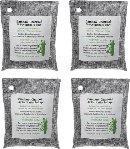 Bamboo Charcoal Air Purifying Bags (4-Pack, 200g Each) – Natural Odor Eliminator & Moisture Absorber for Home, Car, Closets, Bathrooms – Eco-Friendly, Reusable Deodorizer