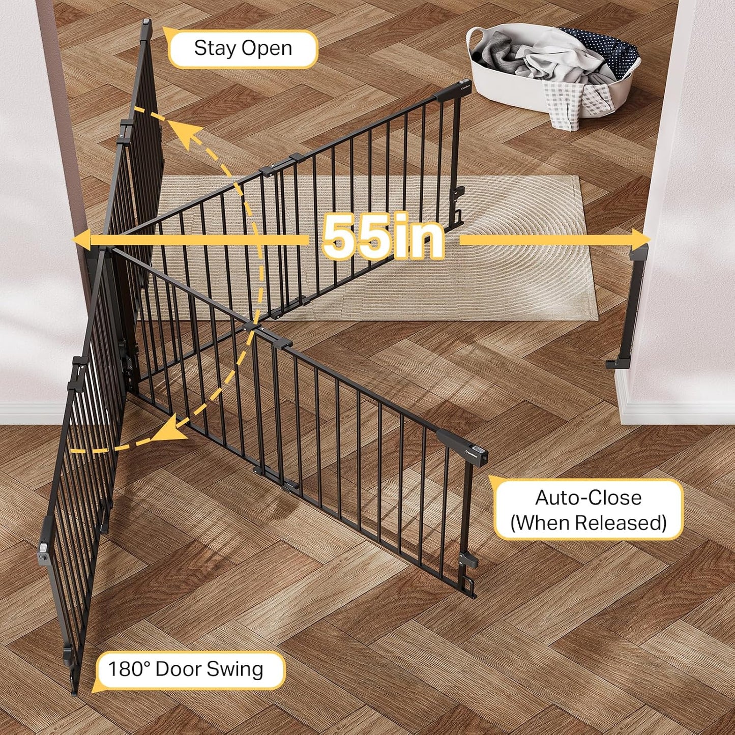 Cumbor 29.2–43" Baby Gate for Stairs, Hardware Mounted (Drill Required), Expandable No Bottom Bar Dog Gate, Auto Close Extra Wide Walk Thru, Pet & Toddler Proof Gate, Top & Bottom of Stairways (White)