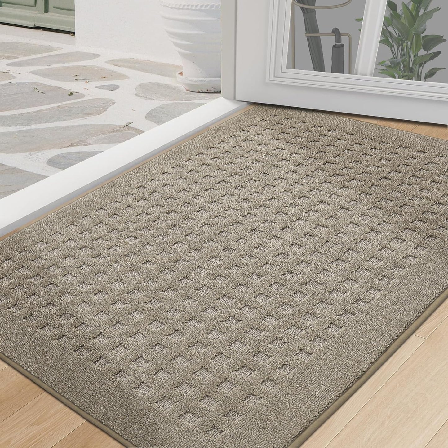 BEQHAUSE Dirt Trapper Door Mats 20"x32", Non-Slip Waffle Doormat Indoor Entrance Low-Profile, Dirt Resist and Absorbent Entryway Rugs Washable Inside Welcome Floor Mat for Front Back Door, Beige