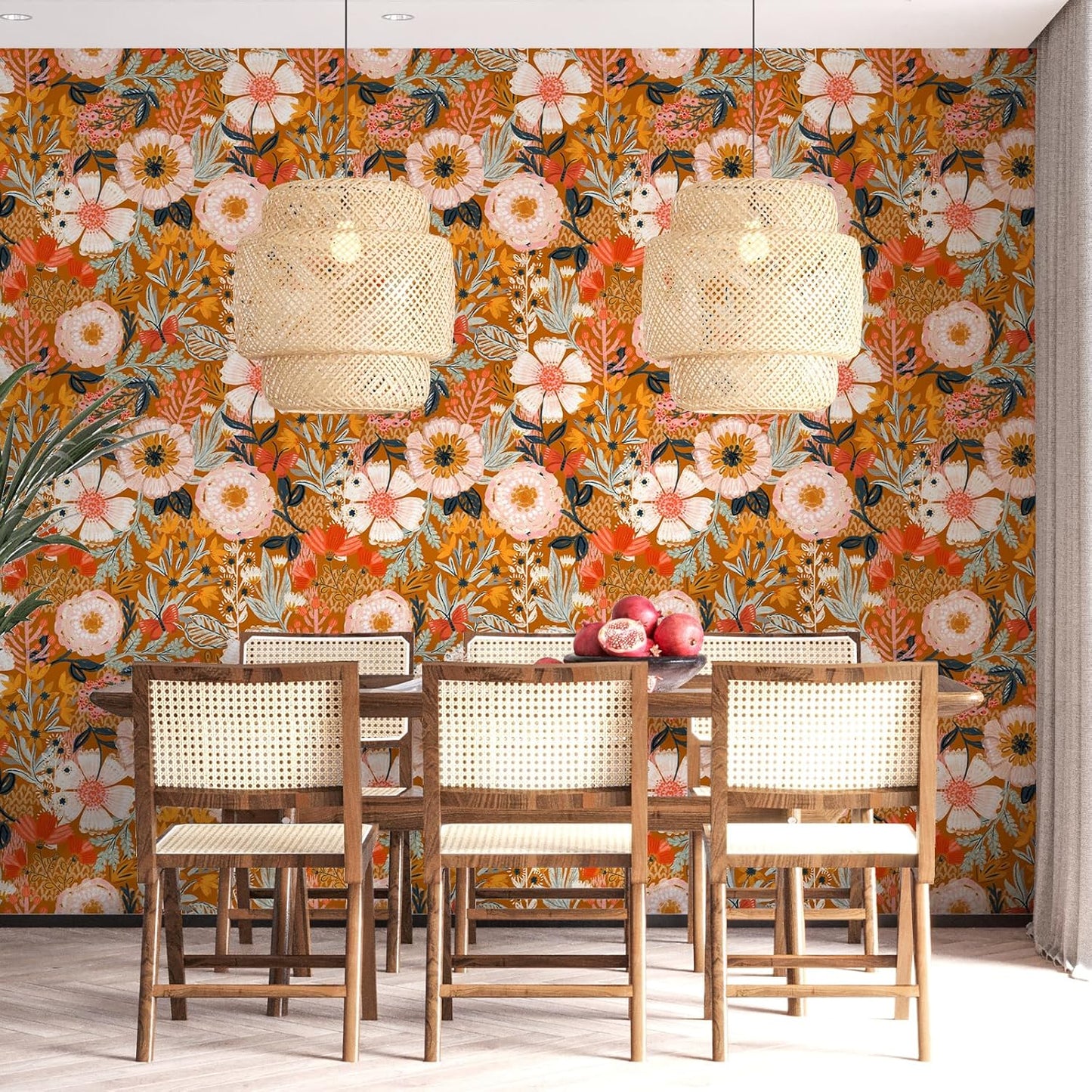 HAOKHOME Boho Peel and Stick Wallpaper Floral Wall Paper Removable for Bedroom Navy/Pink/Orange Contact Paper 17.7in x 9.8ft