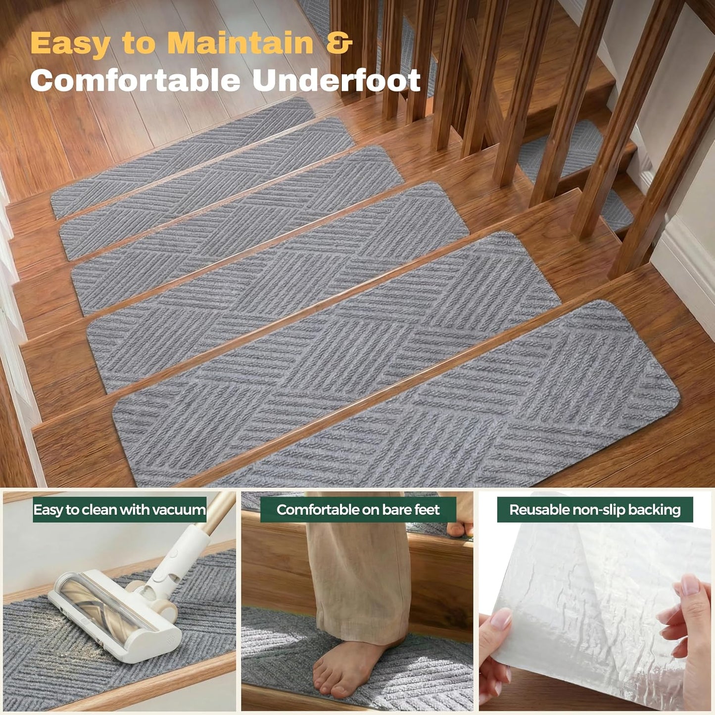 MBIGM 8" X 30" (15 in Pack) Non-Slip Carpet Stair Treads Non-Skid Safety Rug Slip Resistant Indoor Runner for Kids Elders & Pets with Reusable Adhesive - Dark Gray Diamond Weave