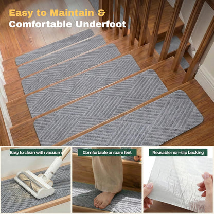 MBIGM 8" X 30" (15 in Pack) Non-Slip Carpet Stair Treads Non-Skid Safety Rug Slip Resistant Indoor Runner for Kids Elders & Pets with Reusable Adhesive - Dark Gray Diamond Weave