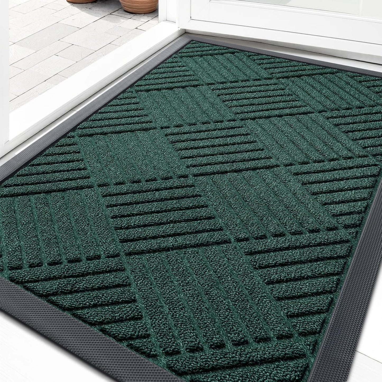 OLANLY Front Door Mat Outside Entrance 29.5x17, Absorbent, Heavy Duty Sturdy Natural Rubber Doormat Indoor Outdoor, Stain and Fade Resistant, Non-Slip Low Profile Floor Mat for Entryway, Grey Diamond