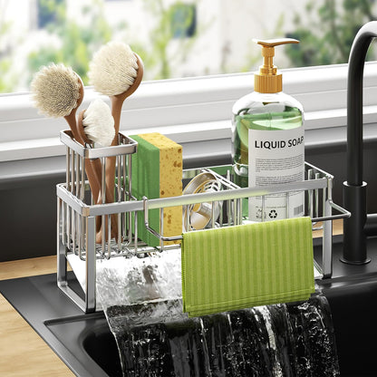 HapiRm Sponge Holder for Kitchen Sink - Self-draining Sink Caddy with Brush and Dishcloth Holders, Stainless Steel Kitchen Countertop Organizers and Storage Essentials - Black