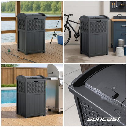 Suncast 33 Gallon Commercial Outdoor Trashcan Hideaway with Lid for 30 to 33 Gallon Trash Bags for Garage, Backyard, or Garden, Brown