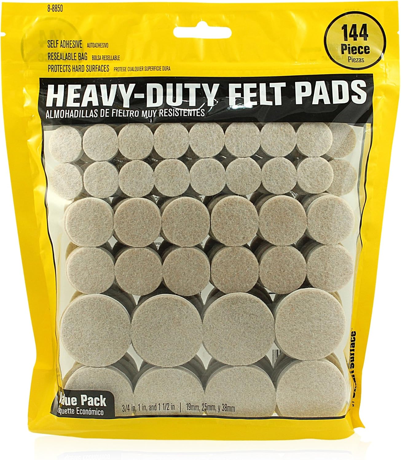 Smart Surface 8850 Heavy Duty Self Adhesive Furniture Felt Pads 3/4-Inch, 1-Inch & 1-1/2-Inch Round Oatmeal 144-Piece Value Variety Pack in Resealable Bag