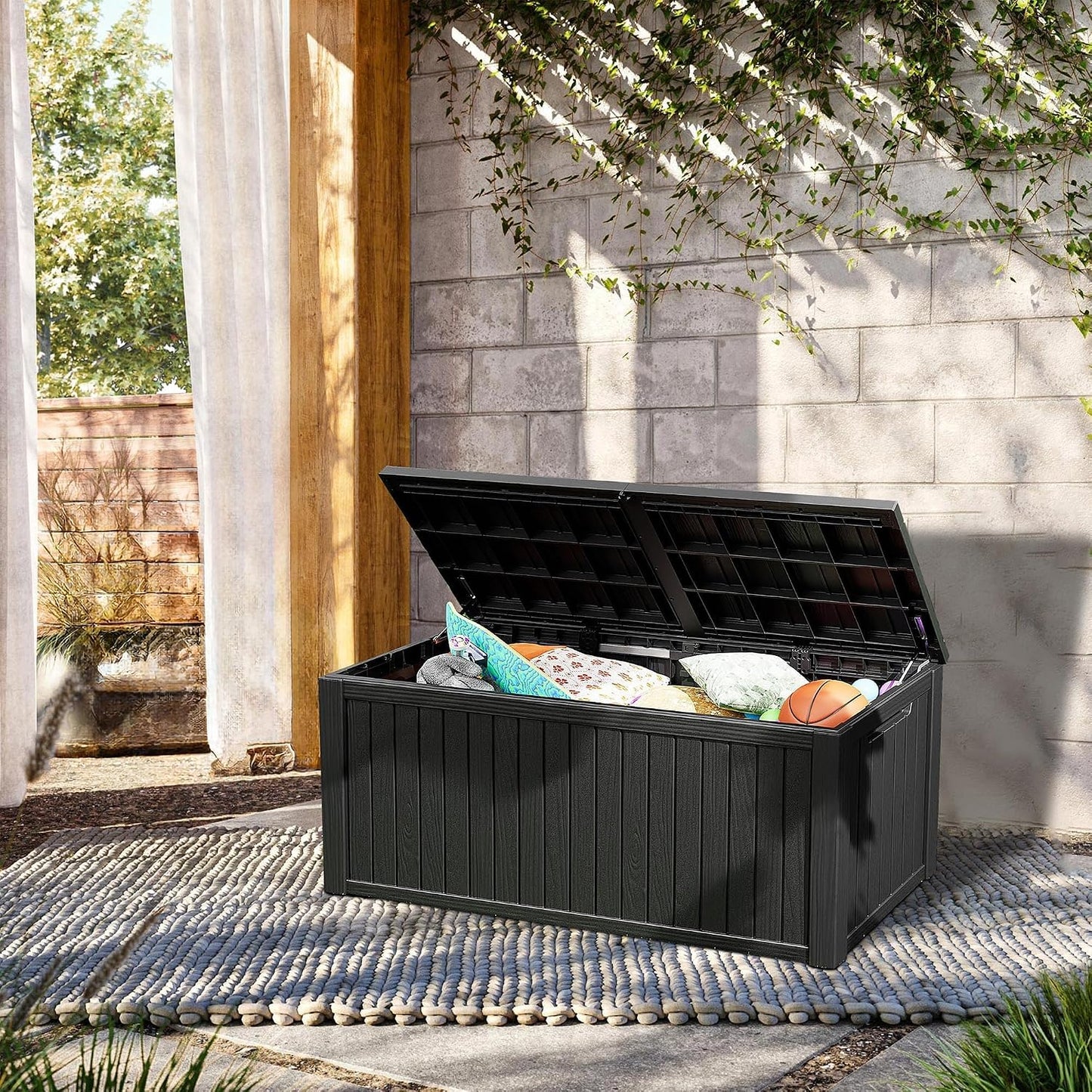 Outdoor Storage Box, 320 Gallon Waterproof Deck Box [Upgraded 3.0], Dual Gas-Spring Ultimate Resin Organizer for King Cushions, Heavy-Duty Lockable Estate Storage Bench, Backyard BBQ, Black