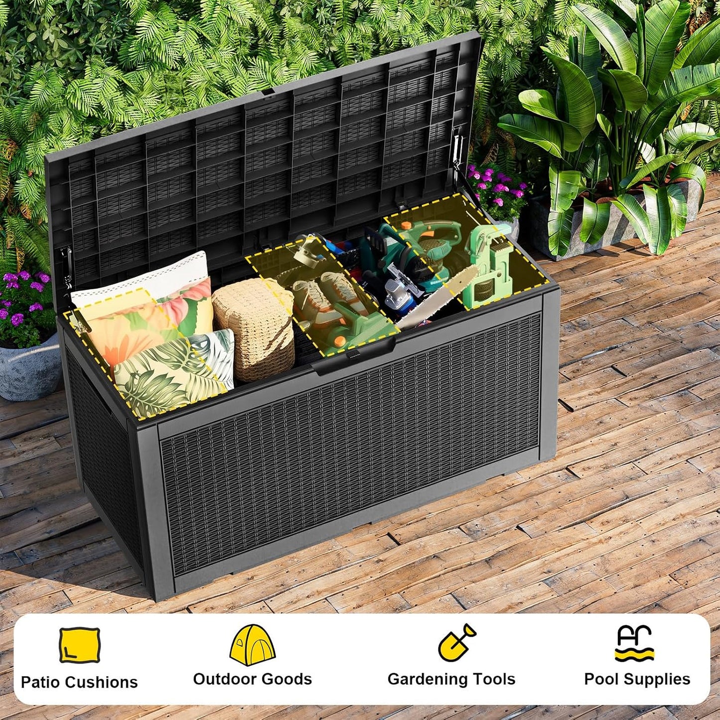 PatioZen 100 Gallon Resin Deck Box, Lockable Patio Outdoor Storage Box for Furniture, Garden Tools and Tools Storage, Waterproof Outside Storage Boxes - Black