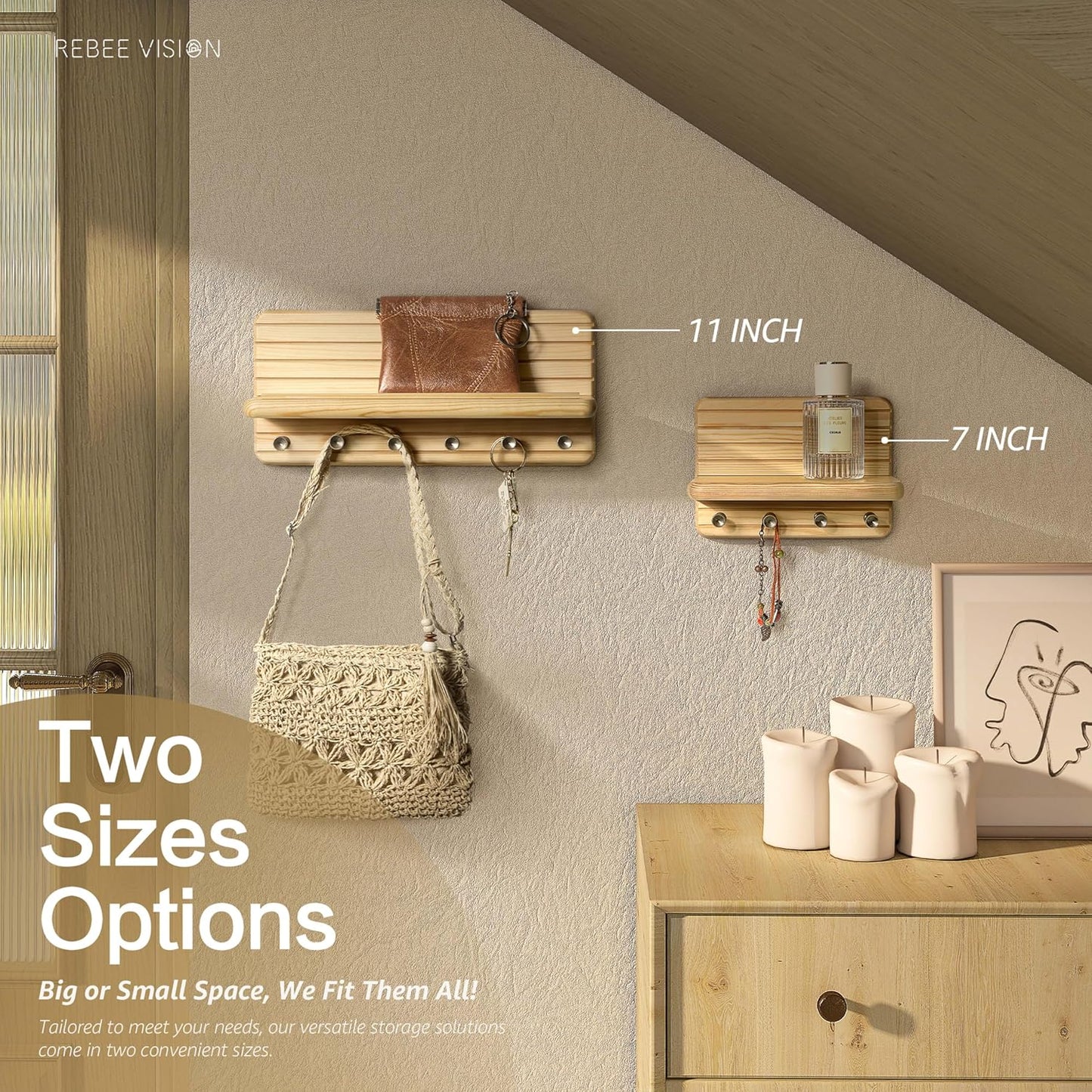 Rebee Vision Farmhouse Key Holder Wall Mount for Home Decor – Decorative Pine Wooden Key Holder for Wall with 6 Hooks & Floating Shelf - Rustic Charm for Room Decor Aesthetic (Brown)