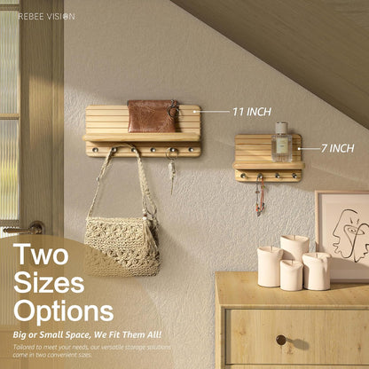 Rebee Vision Farmhouse Key Holder Wall Mount for Home Decor – Decorative Pine Wooden Key Holder for Wall with 6 Hooks & Floating Shelf - Rustic Charm for Room Decor Aesthetic (Brown)