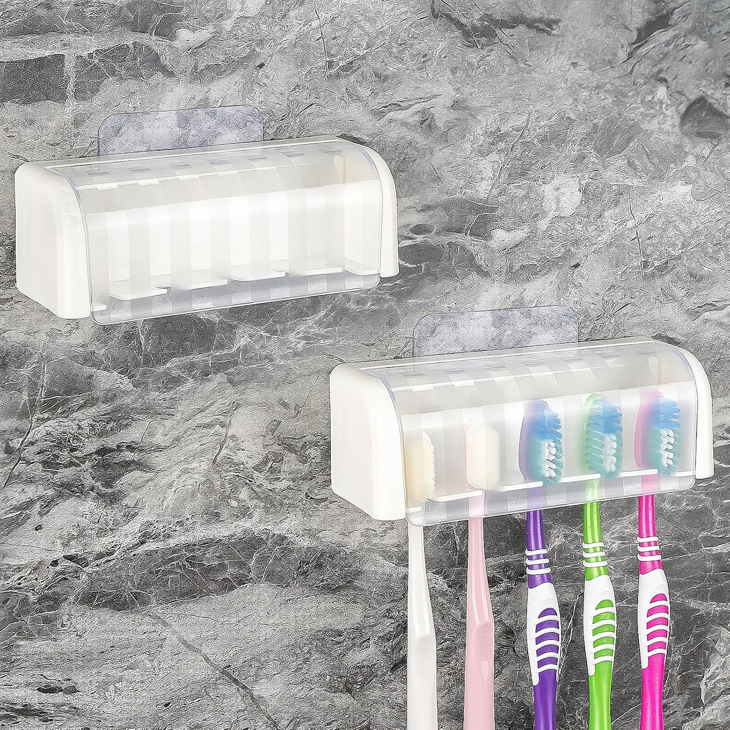 5 Slots Wall Mount Toothbrush Holder with Cover, Self Adhesive Toothbrush Storage Organizer for Shower, Toothbrush Hanger with Automatic Toothpaste Squeezer Dispenser