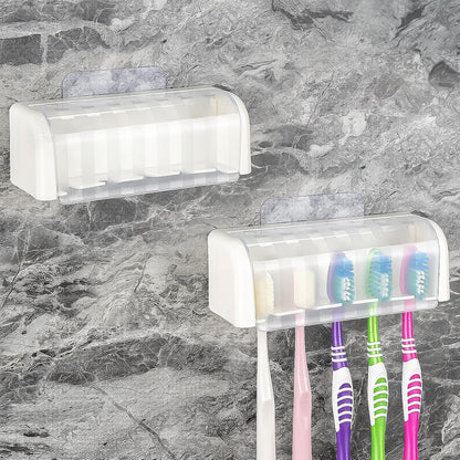 5 Slots Wall Mount Toothbrush Holder with Cover, Self Adhesive Toothbrush Storage Organizer for Shower, Toothbrush Hanger with Automatic Toothpaste Squeezer Dispenser