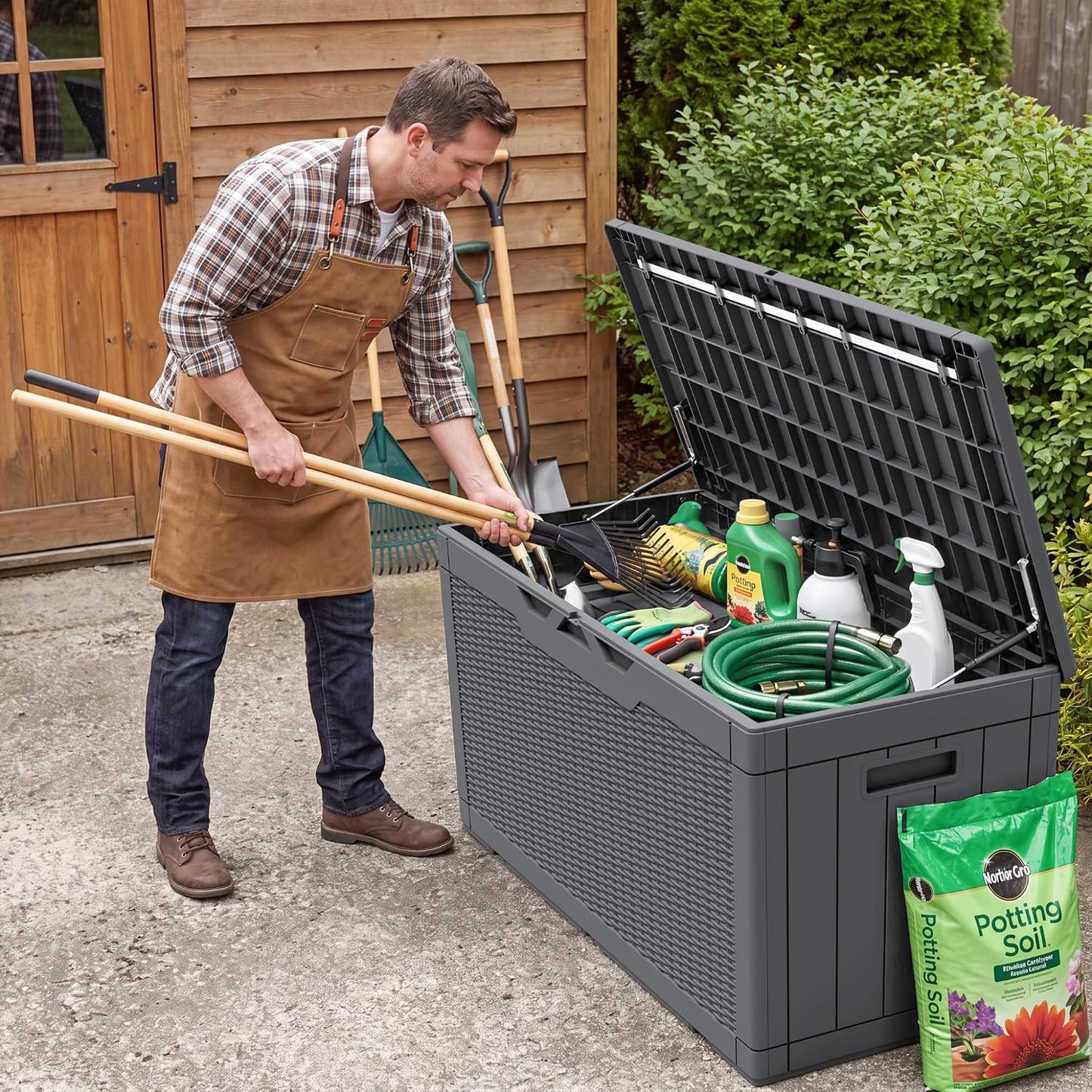 Flamaker Outdoor Storage Box 80 Gallon Resin Waterproof Deck Box Delivery Box with Wood Texture Large Storage Bin for Patio Cushions, (Grey)