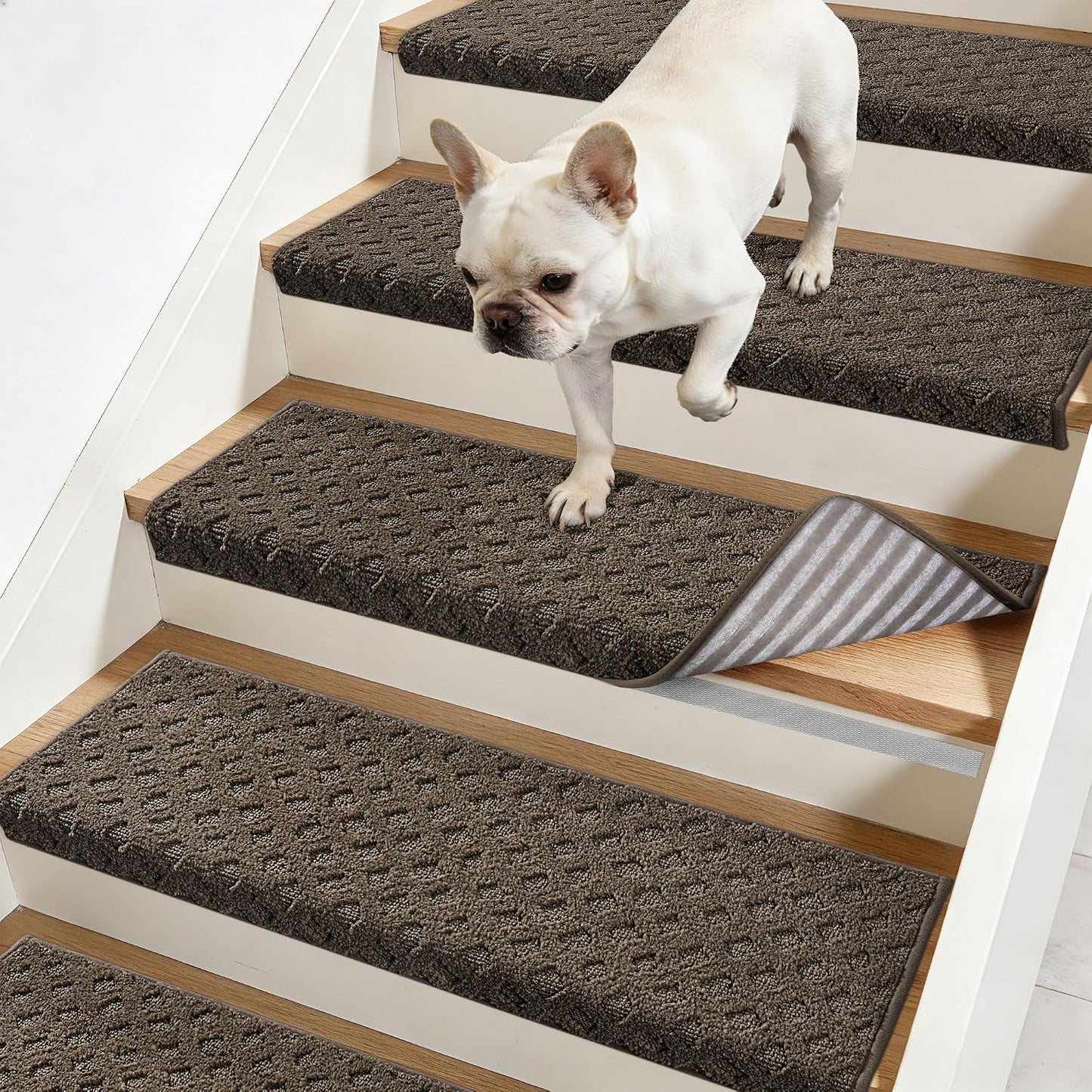 JSEI Bullnose Carpet Stair Treads, 14 Pcs Non Slip Stair Treads for Wooden Steps Indoor with TPE Backing, 11" x 30" Machine Washable Stair Runners with Edge Protection for Kids, Elders and Pets, Beige