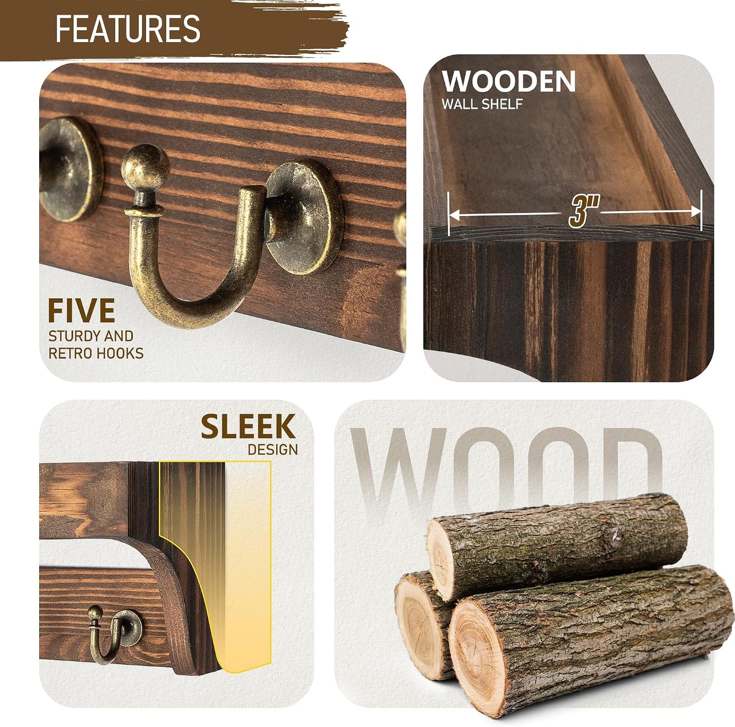 Rebee Vision Farmhouse Key Holder for Wall - Decorative Wooden Mail Organizer with 5 Rustic Key Hooks and Floating Shelf for Home Decor, Hallway, Entryway, Appartment (Retro Brown)