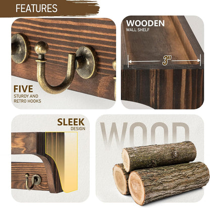 Rebee Vision Farmhouse Key Holder for Wall - Decorative Wooden Mail Organizer with 5 Rustic Key Hooks and Floating Shelf for Home Decor, Hallway, Entryway, Appartment (Retro Brown)