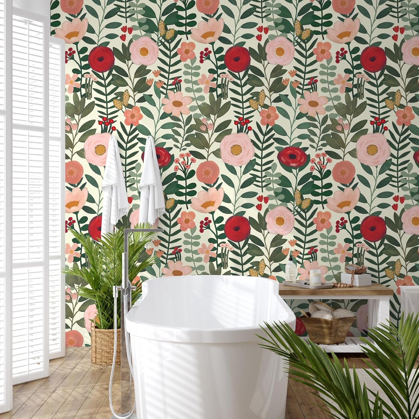 HAOKHOME Floral Peel and Stick Wallpaper Boho Vintage Wall Paper Removable for Bathroom Nursery Beige/Pink/Red Contact Paper 17.3in x 9.8ft
