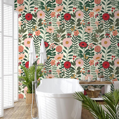 HAOKHOME Floral Peel and Stick Wallpaper Boho Vintage Wall Paper Removable for Bathroom Nursery Beige/Pink/Red Contact Paper 17.3in x 9.8ft