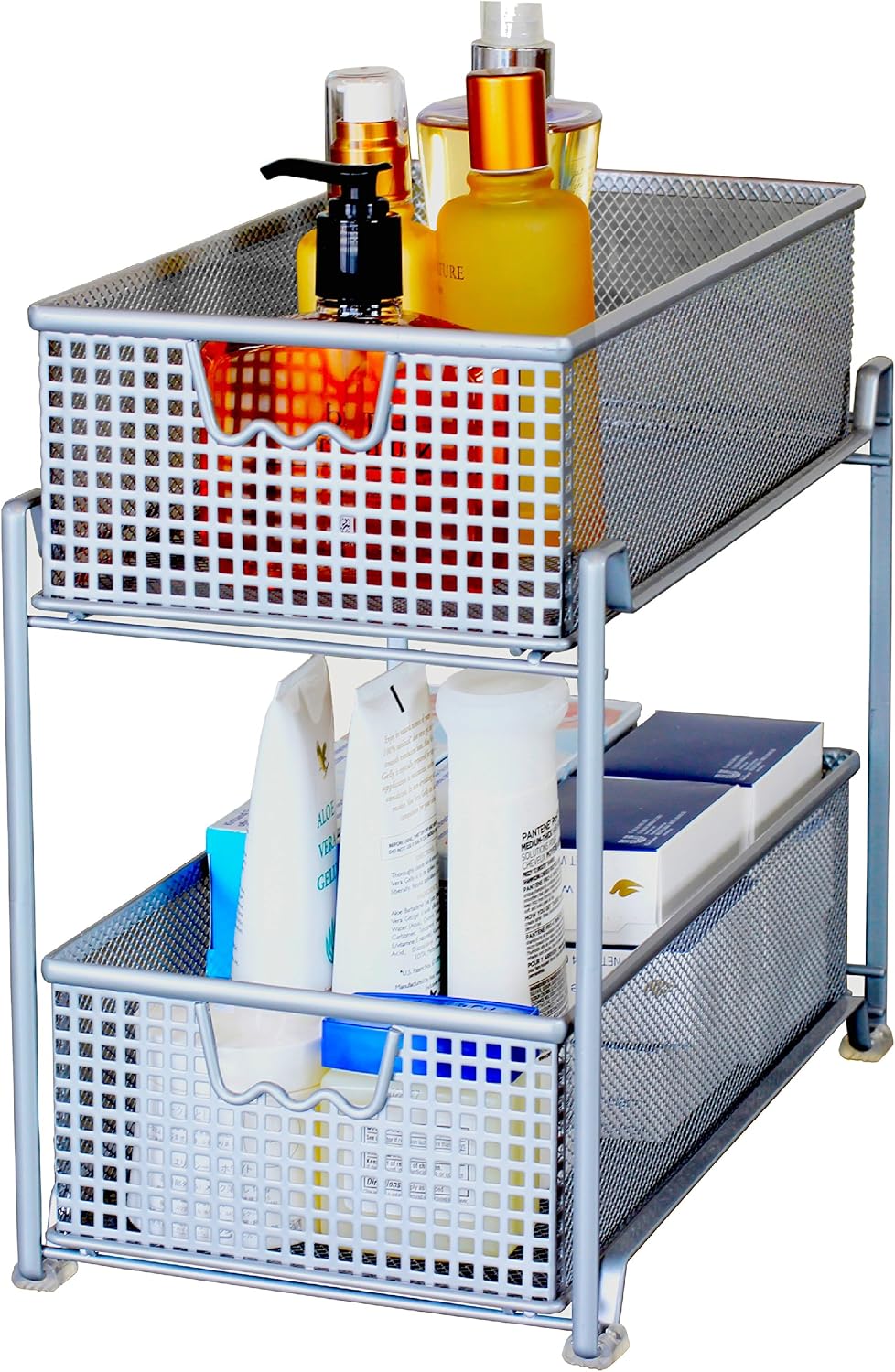 DecoBrothers 2 Tier Bathroom Storage Organizer with Pull-Out Drawer, Silver