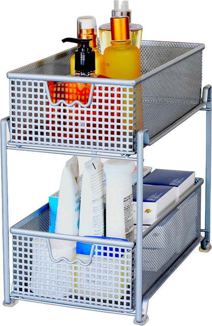 DecoBrothers 2 Tier Bathroom Storage Organizer with Pull-Out Drawer, Silver