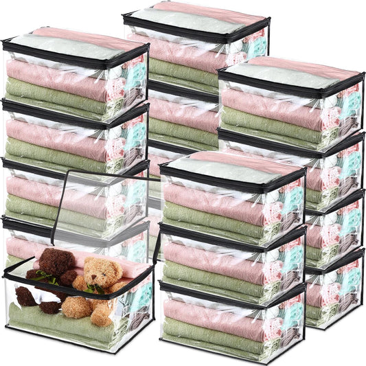 Windyun 16 Pack Clear Storage Bags with Zipper and Handle for Clothes Heavy Duty Plastic Blanket Clothes Moving Bags Cloth Bins for Blanket Comforter Clothing Toys (Grey Edge)