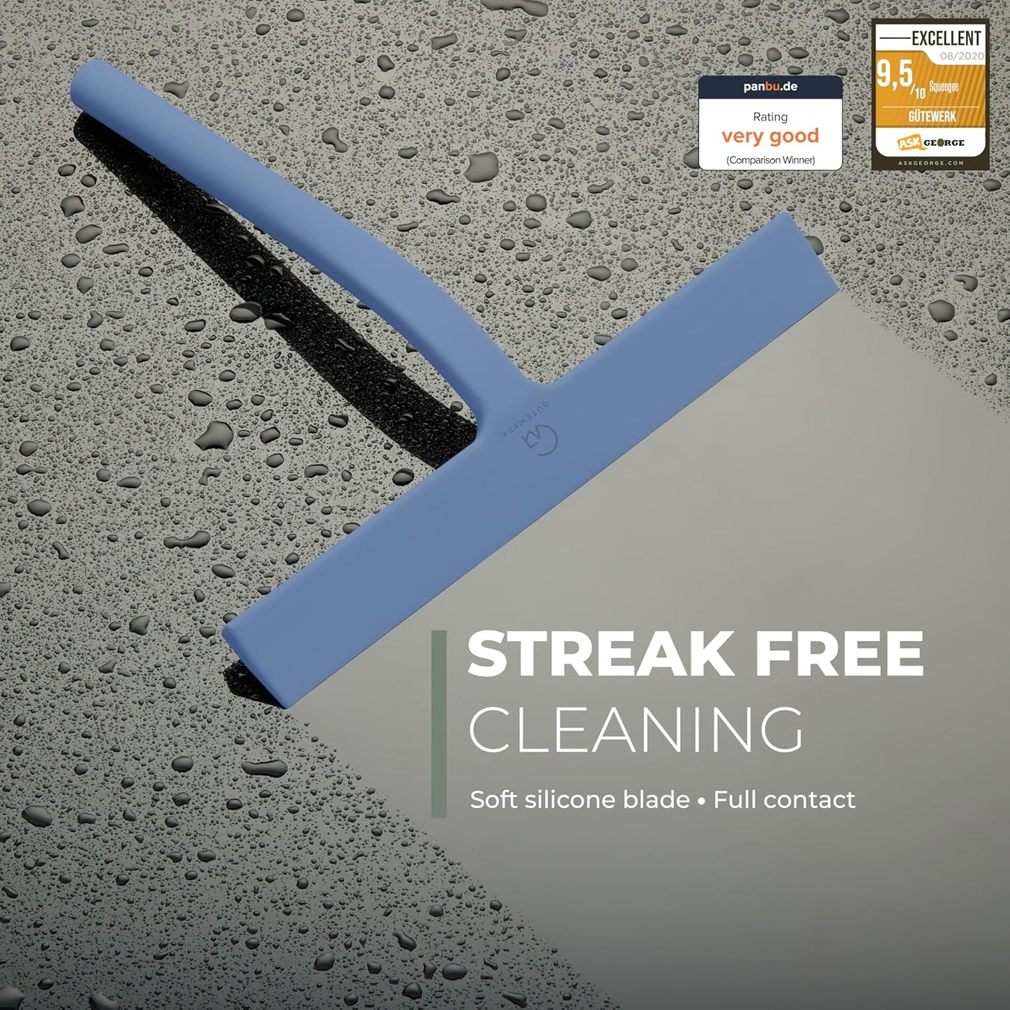 GÜTEWERK Silicone Shower Squeegee for Glass Doors & Mirrors with Stainless Steel Core, Streak-Free & No-Squeak Window Cleaning, 3-in-1 No-Drill Mount (Hook/Suction/Adhesive),White, 9 Inches