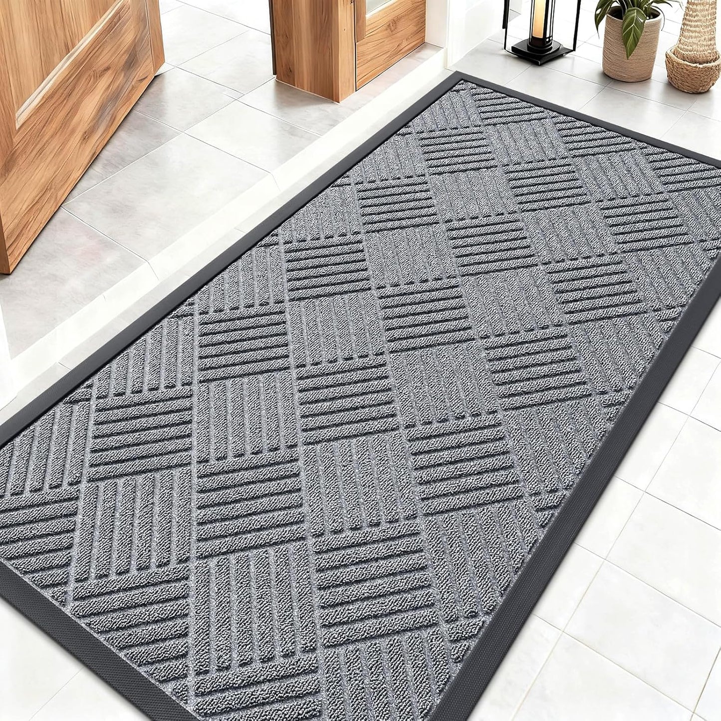 OLANLY Front Door Mat Outside Entrance 29.5x17, Absorbent, Heavy Duty Sturdy Natural Rubber Doormat Indoor Outdoor, Stain and Fade Resistant, Non-Slip Low Profile Floor Mat for Entryway, Grey Diamond
