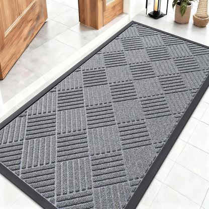 OLANLY Front Door Mat Outside Entrance 29.5x17, Absorbent, Heavy Duty Sturdy Natural Rubber Doormat Indoor Outdoor, Stain and Fade Resistant, Non-Slip Low Profile Floor Mat for Entryway, Grey Diamond