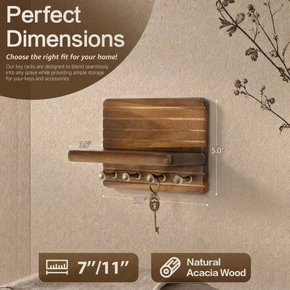 Rebee Vision Farmhouse Key Holder Wall Mount for Home Decor – Decorative Pine Wooden Key Holder for Wall with 6 Hooks & Floating Shelf - Rustic Charm for Room Decor Aesthetic (Brown)