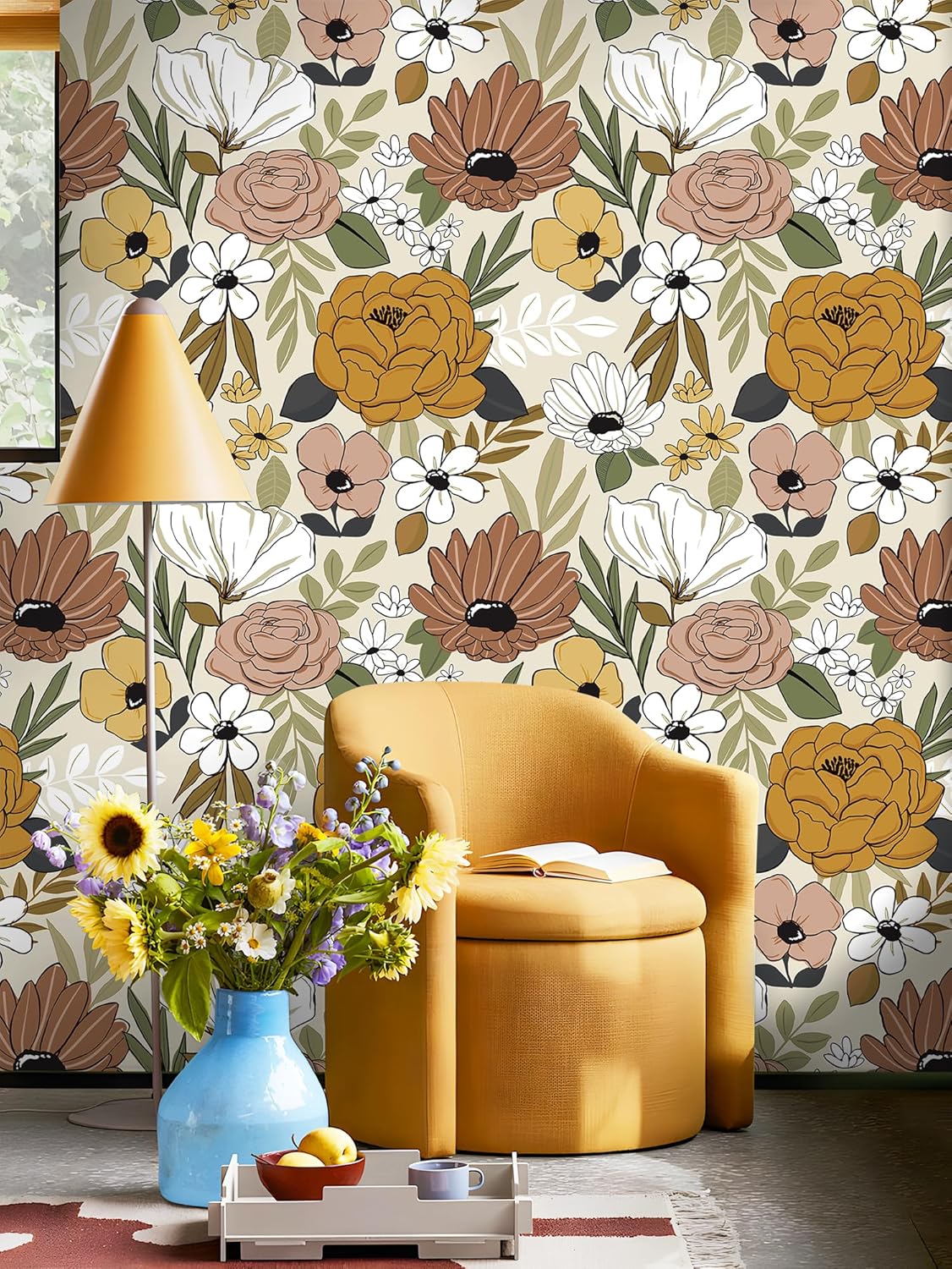 Floralplus Floral Wallpaper Peel and Stick Removable Wallpaper Boho Renter Friendly Dark Flower Wallpapers Contact Paper for Walls Cabinet Bedroom Bathroom Decor 17.5 in x 118 in