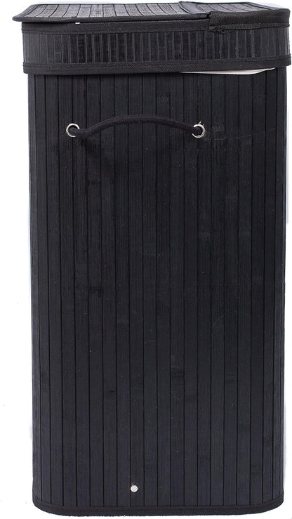 BIRDROCK HOME Double Laundry Hamper with Lid and Cloth Liner - Bamboo - Black - Easily Transport Laundry Basket - 2 Section Collapsible Hamper - String Handles