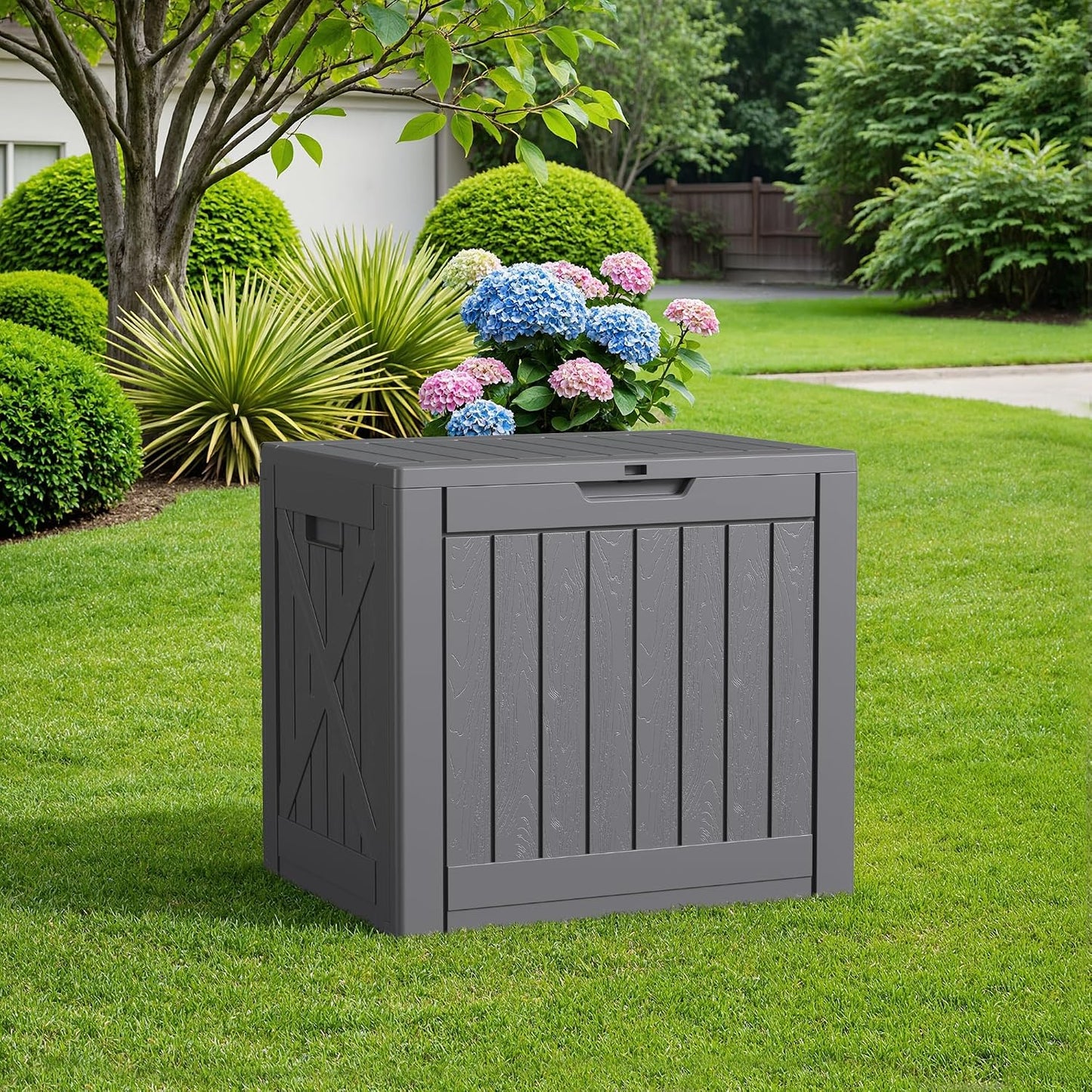 Flamaker Resin Deck Box 120 Gallon Waterproof Large Outdoor Indoor Storage Box Imitation Wood Resin for Patio Furniture Garden Tools and Pool (Black)