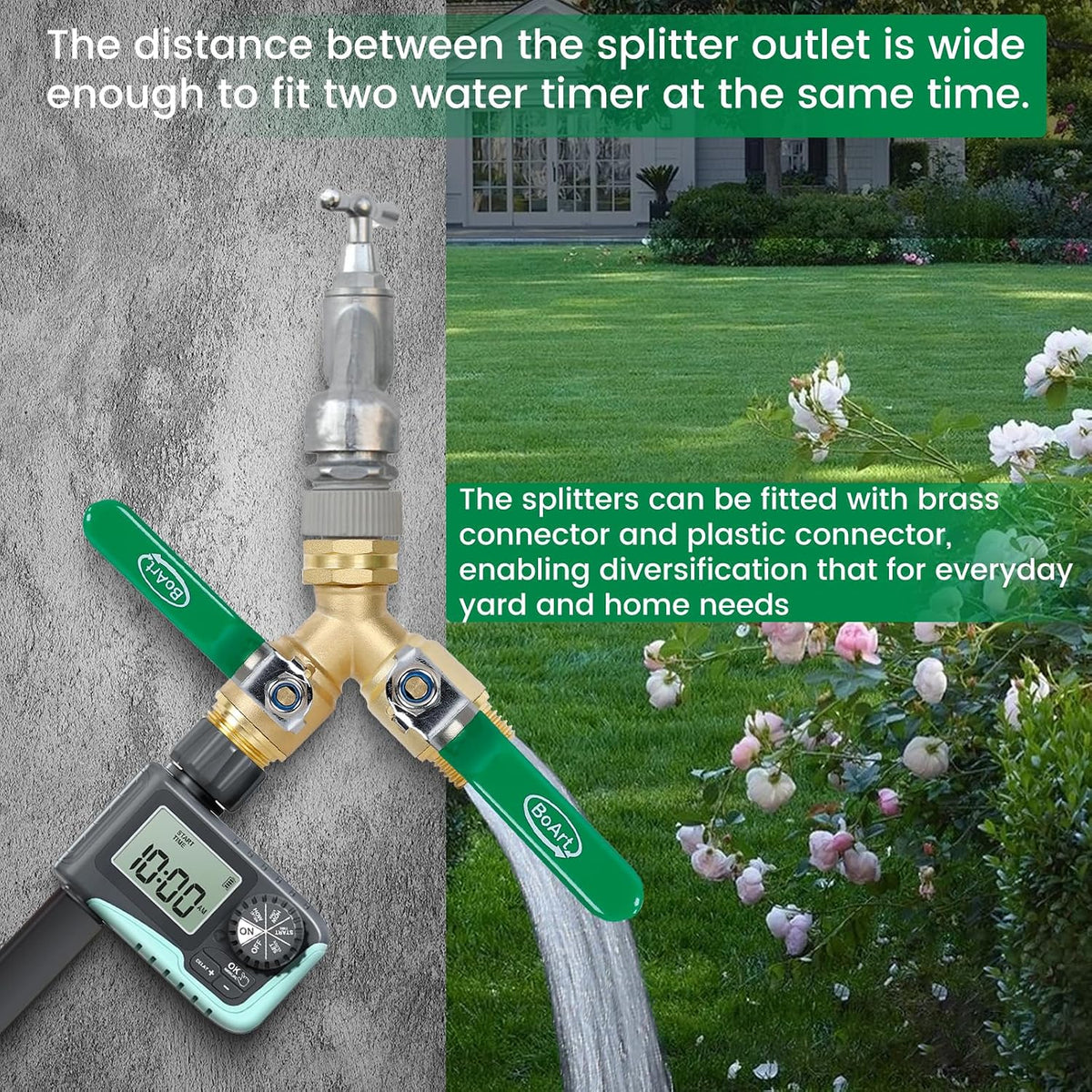 BoArt Brass Garden Hose Splitter 2 Way Heavy Duty, Y Valve Hose Splitter With Stainless Steel Long Handle, 3/4" GHT Thread Y Valve Water Garden Hose Tap Adapter