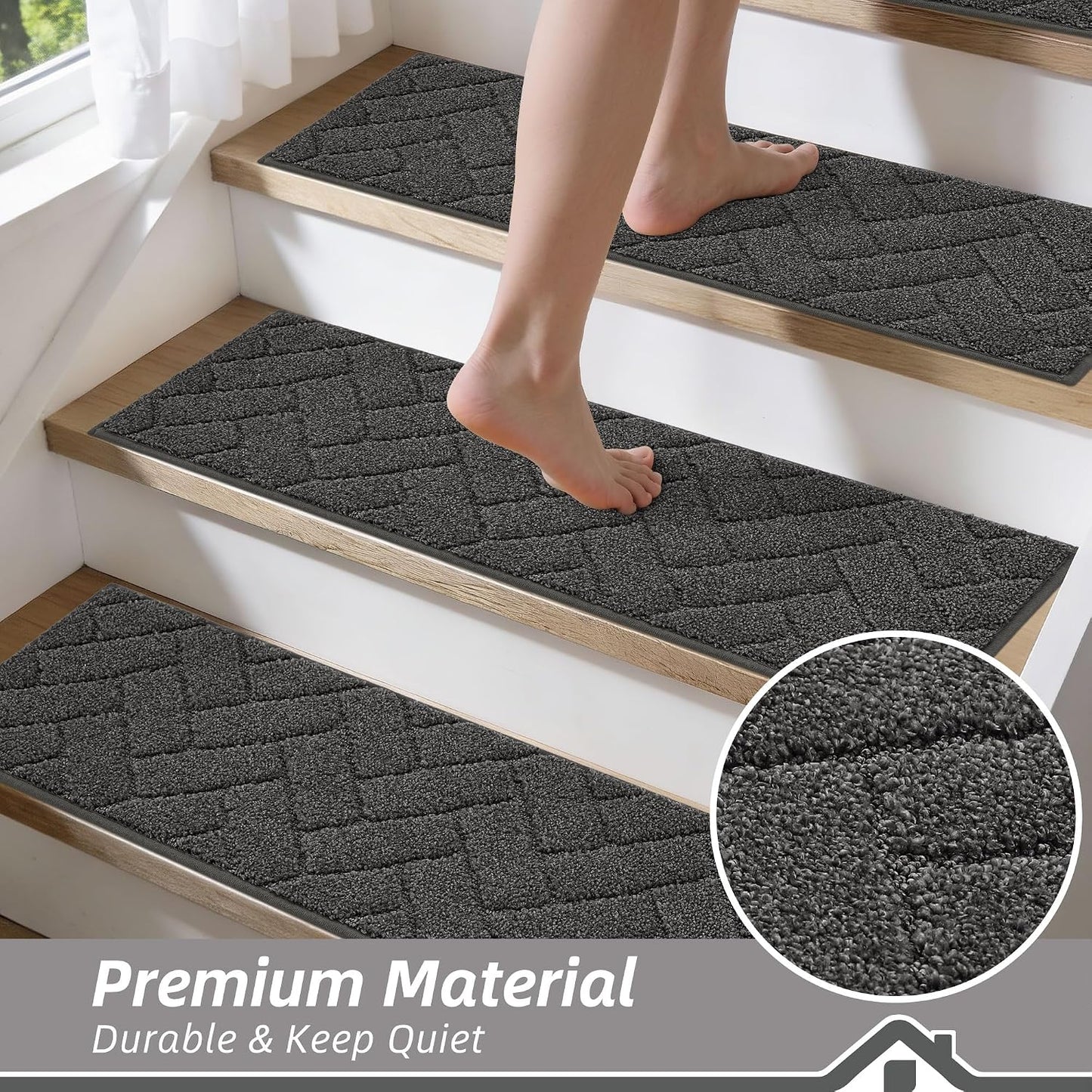 BEQHAUSE Stair Treads for Wooden Steps 28inX9in, Non Slip Carpet Stair Treads Indoor Stair Runners Machine Washable, Soft Stair Rugs Mat Surface Polyester TPE Backing, 4pcs, Charcoal
