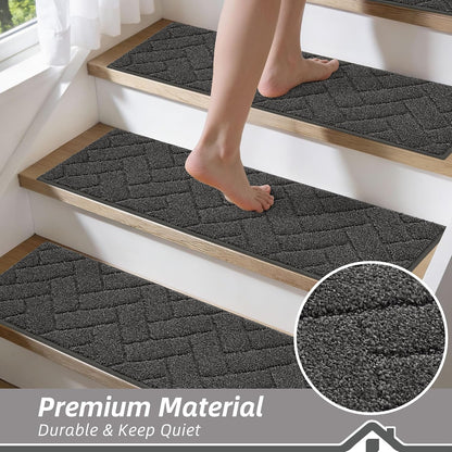 BEQHAUSE Stair Treads for Wooden Steps 28inX9in, Non Slip Carpet Stair Treads Indoor Stair Runners Machine Washable, Soft Stair Rugs Mat Surface Polyester TPE Backing, 4pcs, Charcoal