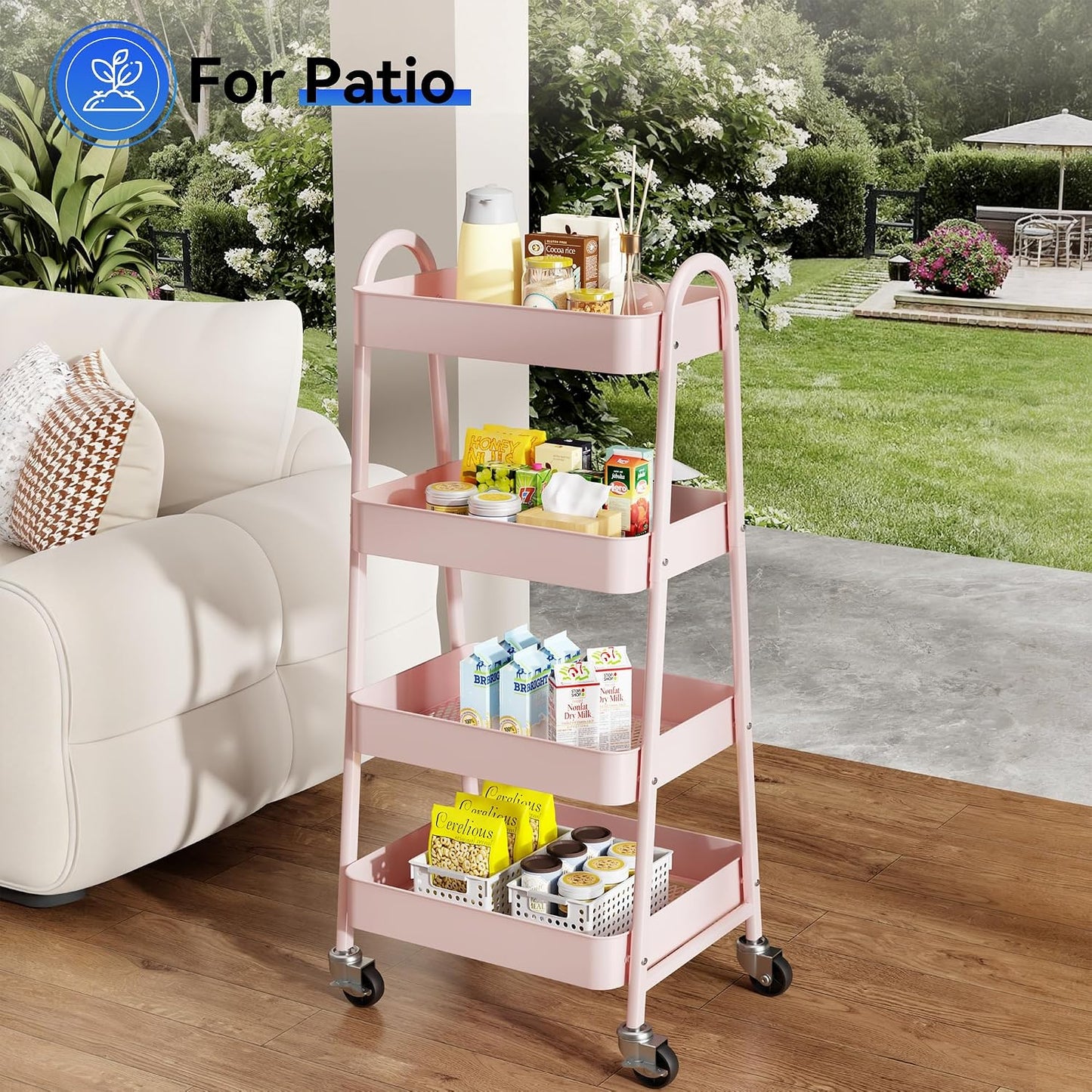 OLIXIS Metal 4 Tiers Utility Rolling Cart, Mobile Storage Shelf with Lockable Caster Wheels, Organization for Livingroom, Bathroom, Kitchen, & Narrow Places, 4-Tier Green