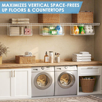 4-Tier Hanging Laundry Room Organizer: Foldable Wire Shelf Basket with 2 Large Hooks 1.65" & 360°Rotating Hooks – Space-Saving Laundry Storage Basket, for Wardrobe Closet Storage, White Patent