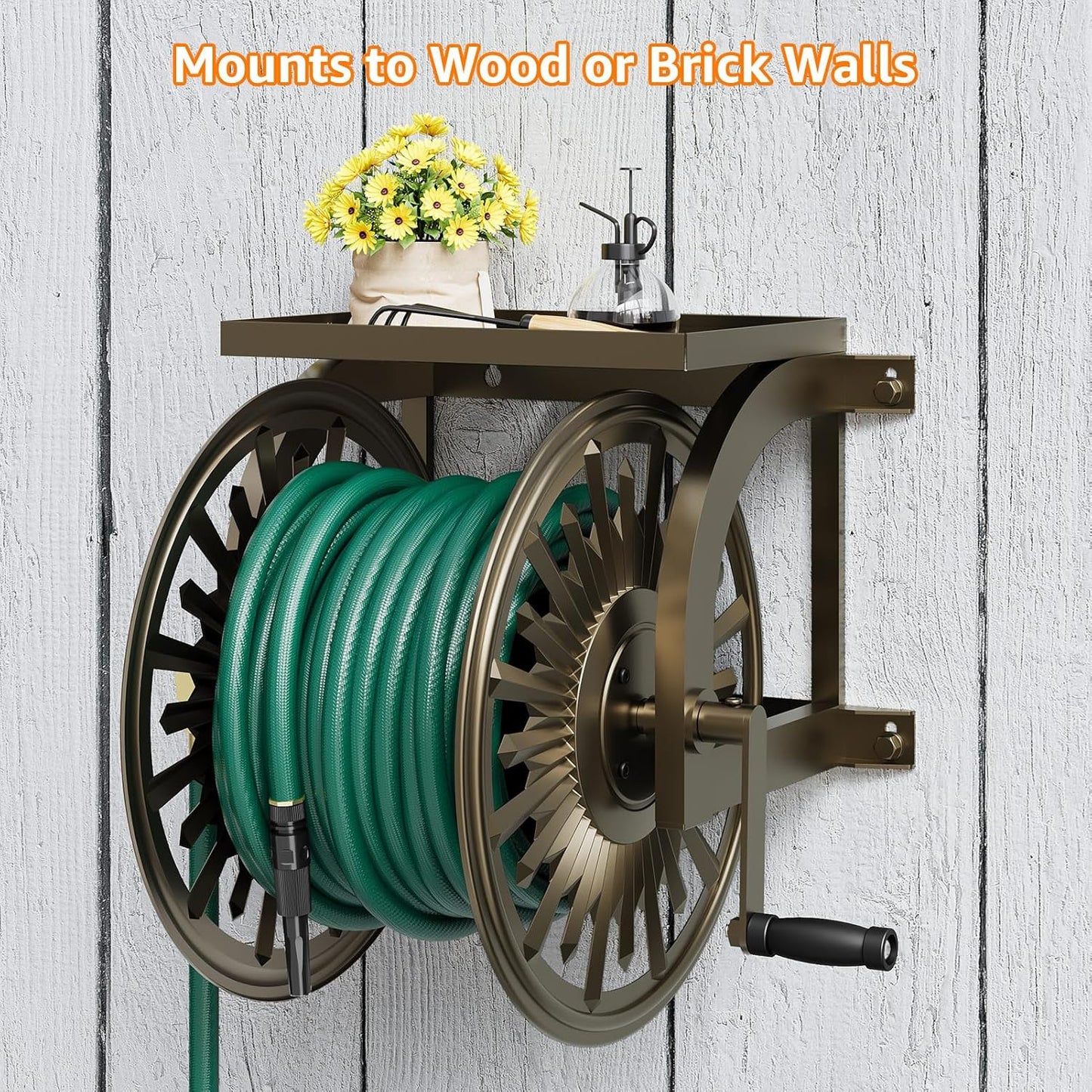 GOFORWILD Garden Wall Mount Hose Reel, Decorative Hose Reel, Garden Heavy-Duty Water Hose Holder Winder, Holds 200-Feet of 5/8-Inch Hose
