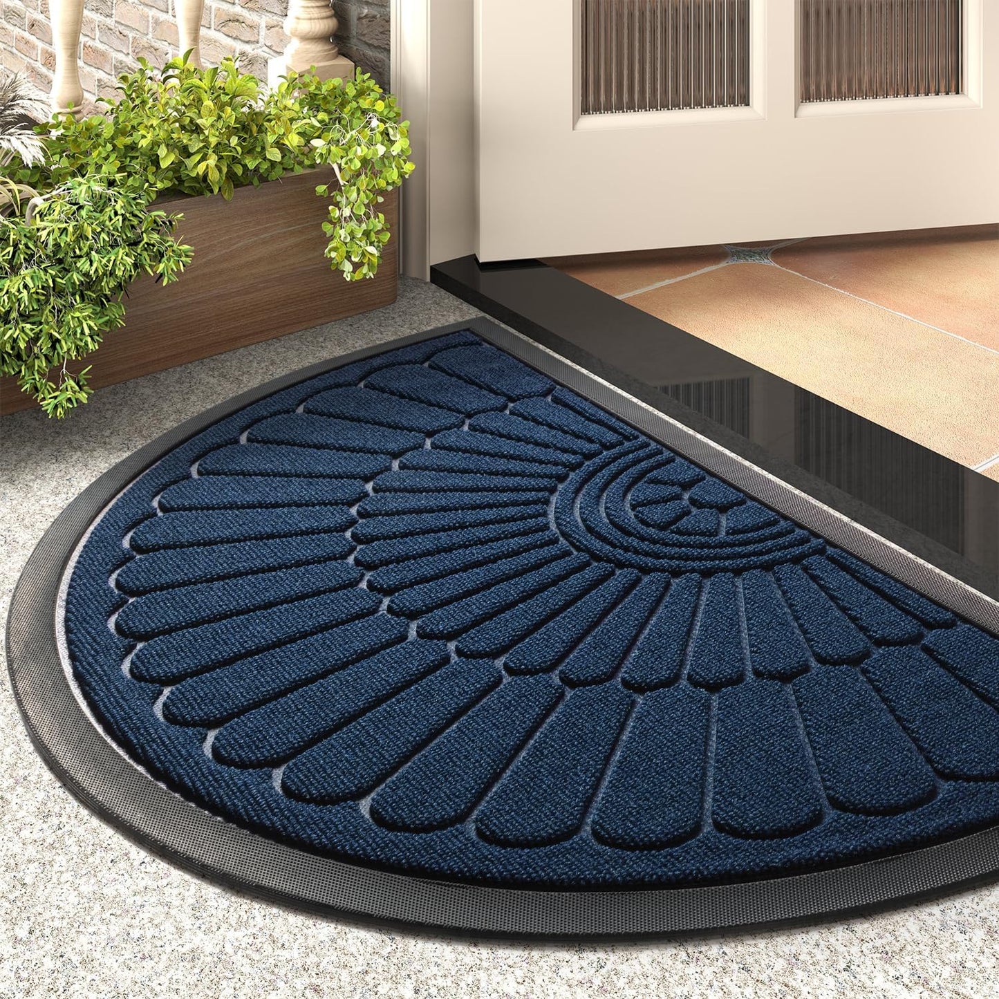 tchdio Door Mat Outdoor Indoor Entrance Doormat-Semicircular Durable Rubber Non Slip Front Door Mat for Outside Inside Entry Entryway Dirt Trapper WelcomeMat for Muddy Paws and Shoes-Black 17”x30”