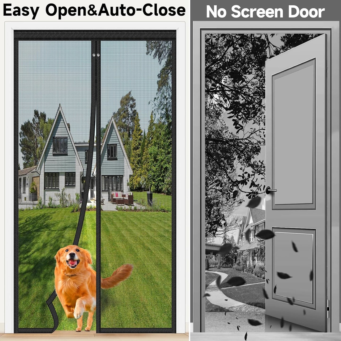 HOFUDON Upgraded Magnetic Screen Door Mesh, Full Strip Magnets, Heavy Duty Fiberglass Mesh, Door Screen Magnetic Closure for Single Door Size 32 x 80 Inch, Screen Door Size 35 x 82 Inch Black