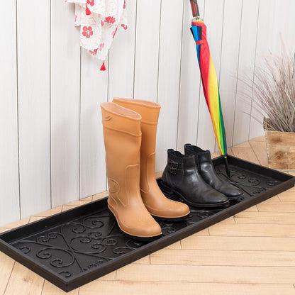 Anji Mountain Heavy Duty Waterproof Rubber Shoe Storage Mat Organizer/Boot Storage Tray Multi Use For Entryway with Coir, Tan and Khaki Insert , Fits 4 Pair (46.5" Wide)