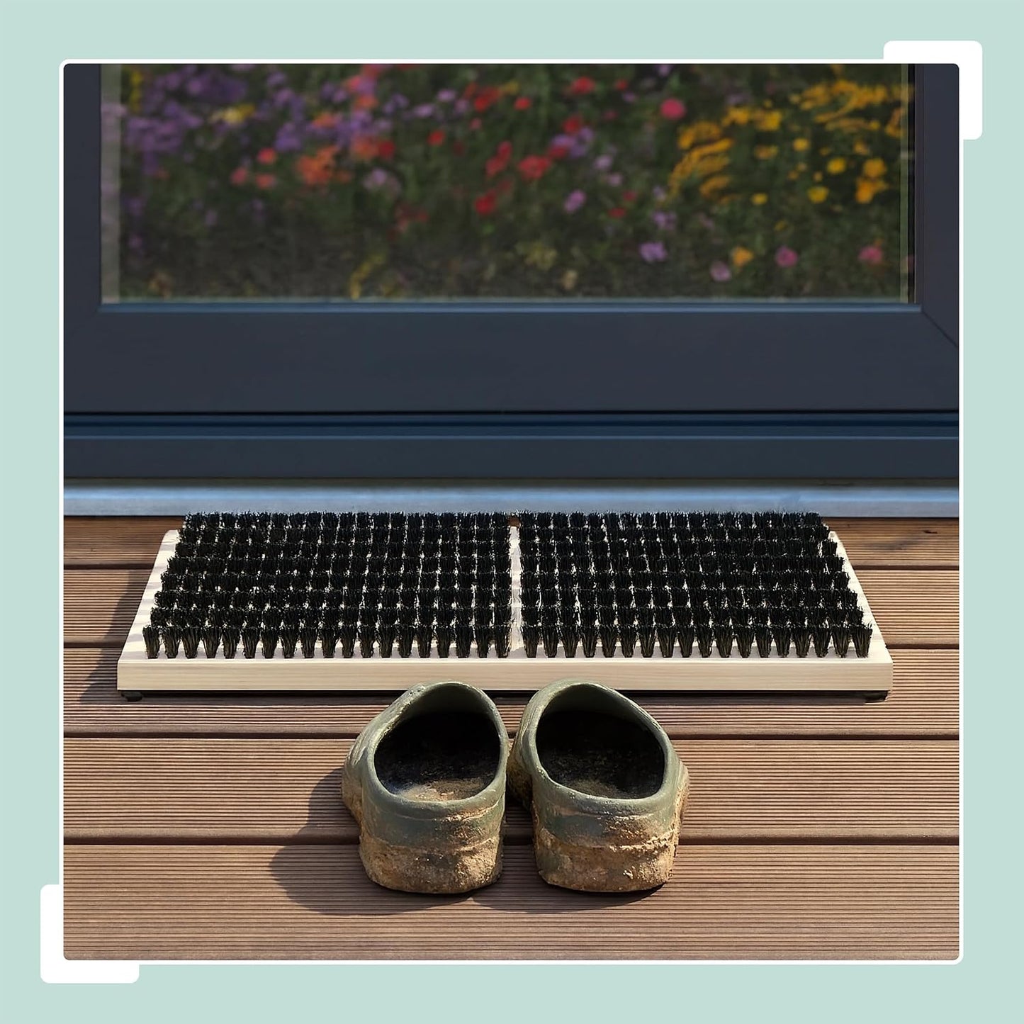 Relaxdays Shoe Scraper, Non-Slip Base, Sturdy PP bristles, Indoor & Outdoor use, Brush mat, Wood, Natural, Plastic, Iron, 4.5 x 59 x 36 cm