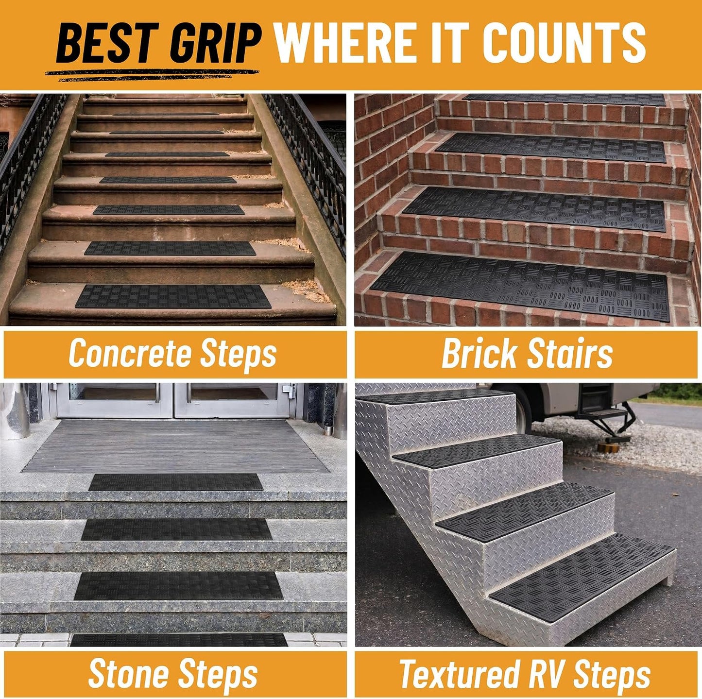 Ottomanson Non Slip Stair Treads Indoor – Peel and Stick Carpet Stair Treads for Wooden Stairs, Self Adhesive Anti Slip Stair Pads for Kids & Pets – 7.9" x 29.9", 7 Pack – Black