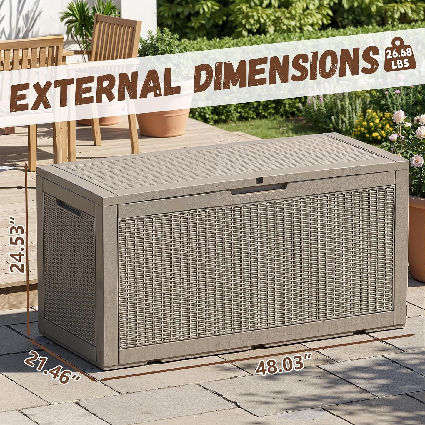 EFU Outdoor Storage Box 100 Gallon Deck Box Resin Outdoor Toy Storage With Lockable Lid, Hydraulic Struts, Rattan Style Package Delivery Boxes for Outside Patio Yard Garden (Black)